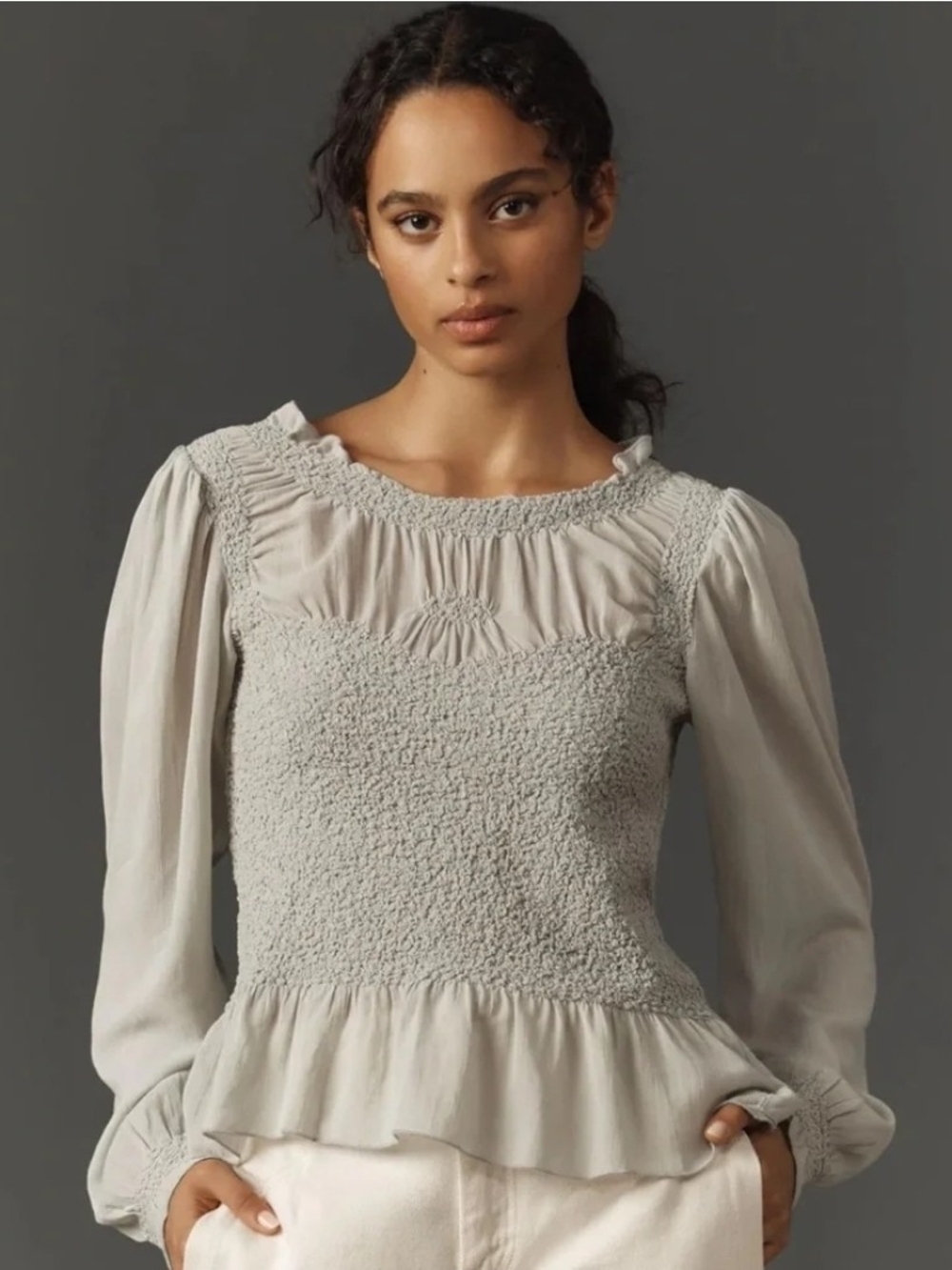 NWT Anthroplofie Smocked Ruffle Hem Long-Sleeve Top in Light Gray/Green